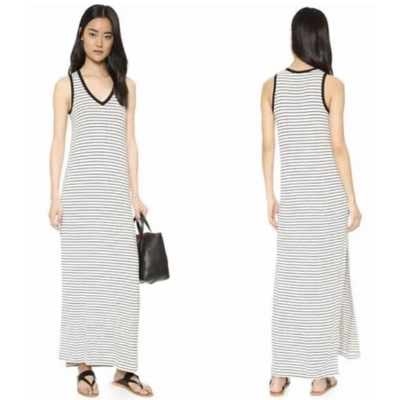 ATM Jersey Stretch Maxi Dress V Neck Soft Marble Black Stripes Women’s Size L - Picture 1 of 10